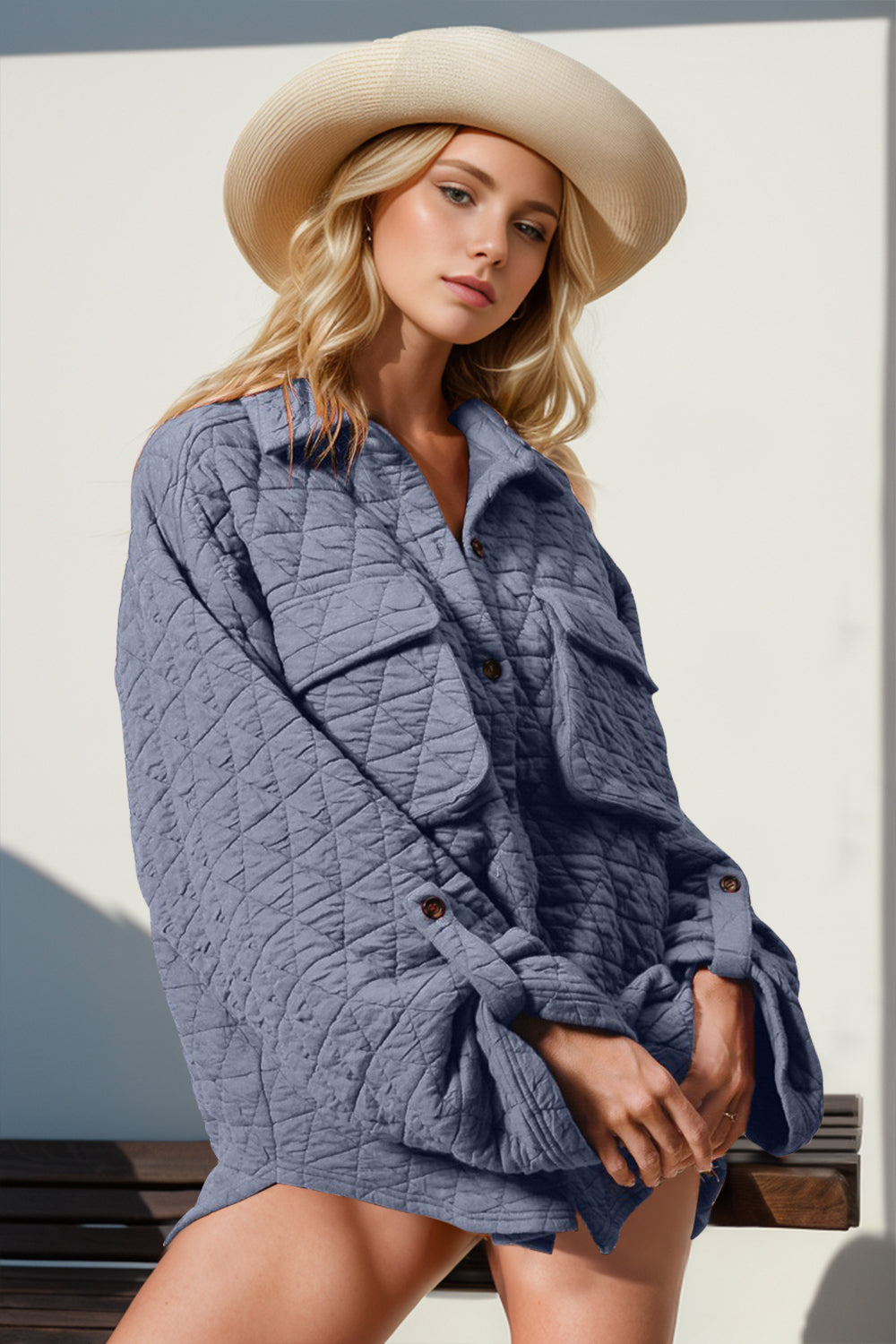 The Bouncing Doodle Button Up Quilted Shacket with Chest Pockets