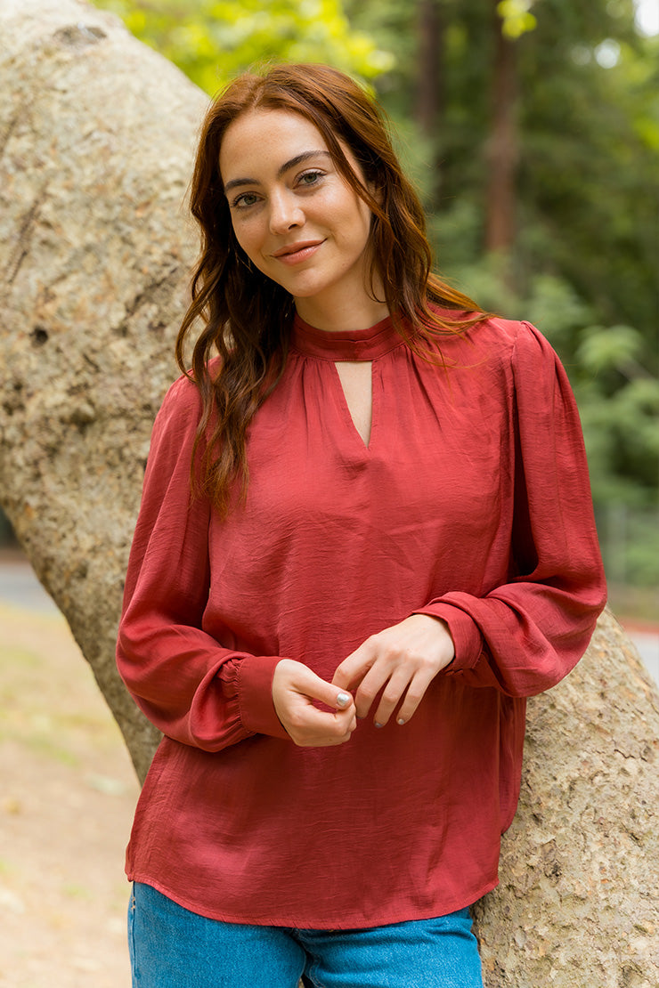 Sew In Love - V neck Long Sleeve Top in Marsala