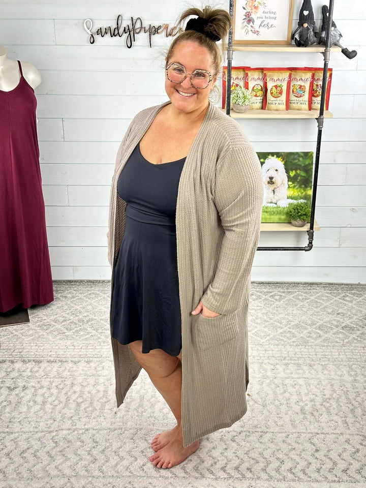 Kori - OPEN FORNT BRUSHED WAFFLE KNIT DUSTER (MOCHA)