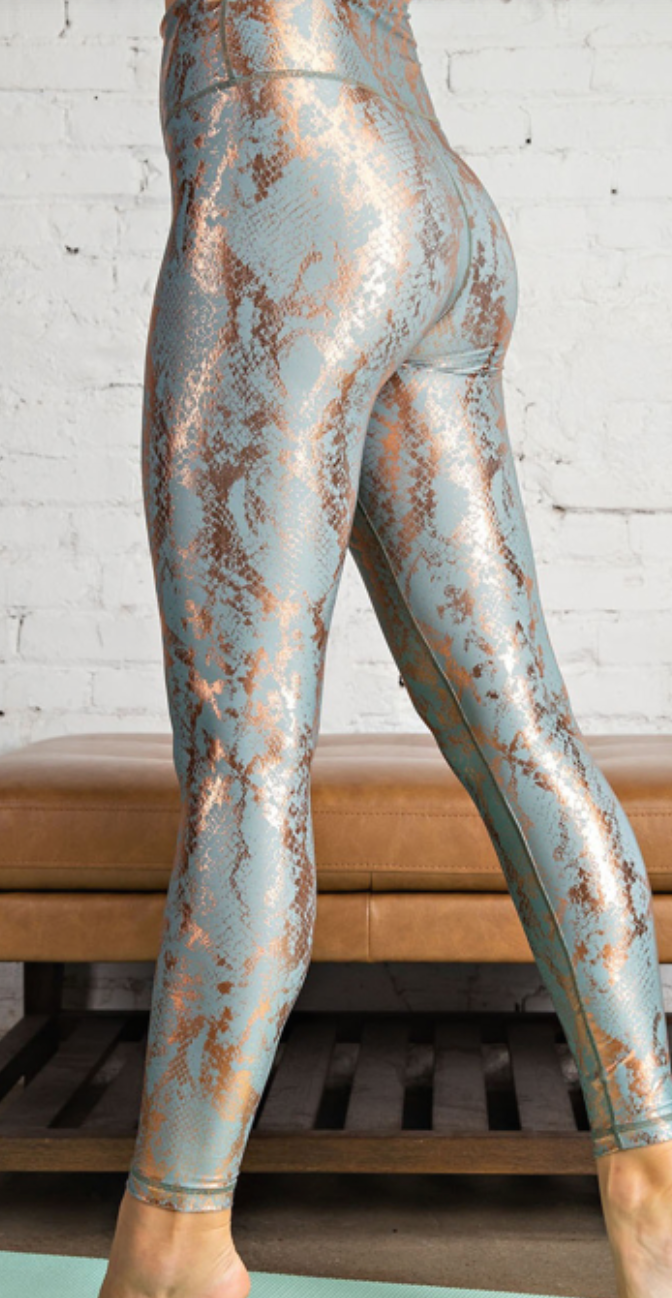 Rae Mode - SNAKE FOIL PRINT FULL LENGTH LEGGINGS (Rose Gold & Sage)