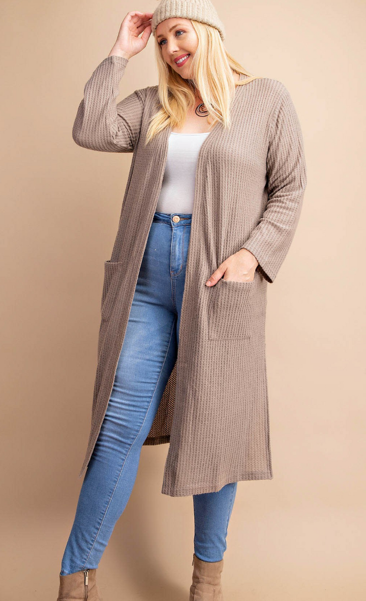Kori - OPEN FORNT BRUSHED WAFFLE KNIT DUSTER (MOCHA)