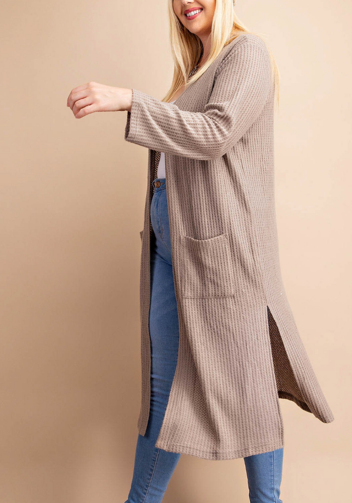 Kori - OPEN FORNT BRUSHED WAFFLE KNIT DUSTER (MOCHA)