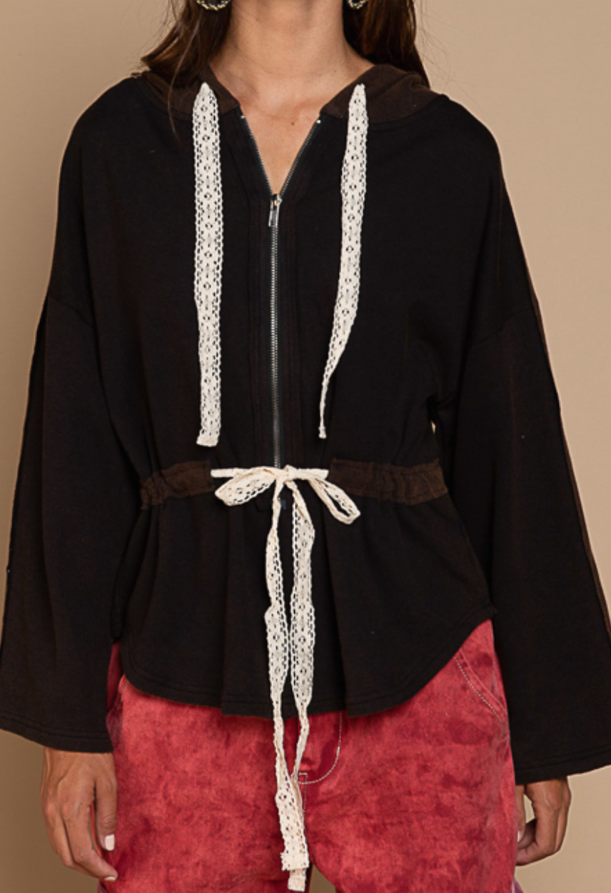 POL - Zip Up Hoodie with Lace Ties