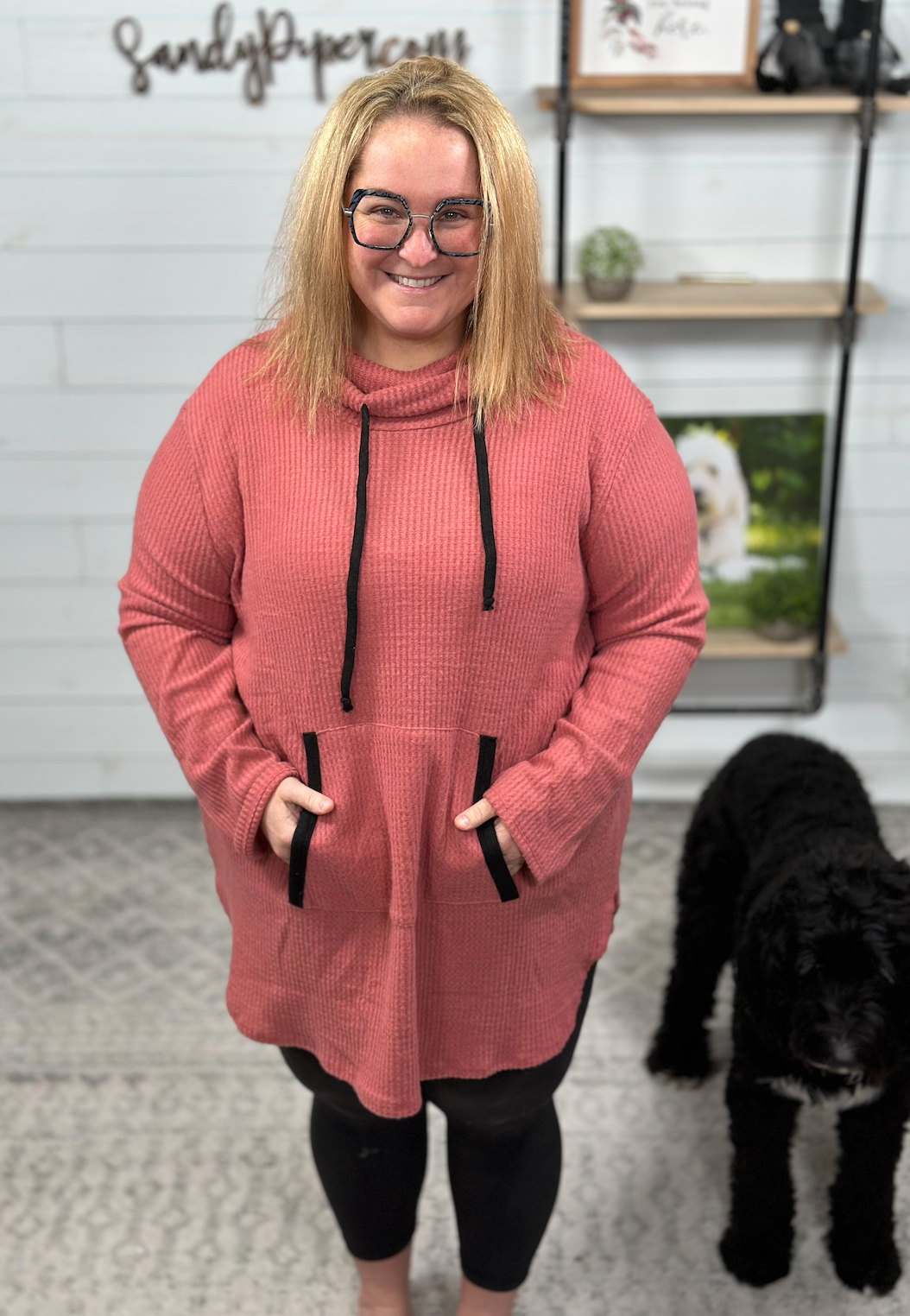 White Birch - Waffle Knit Cowl Neck Tunic