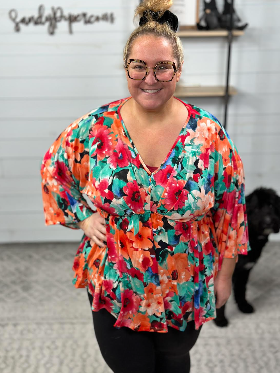 White Birch - Floral Print Top w/pleated Bodice