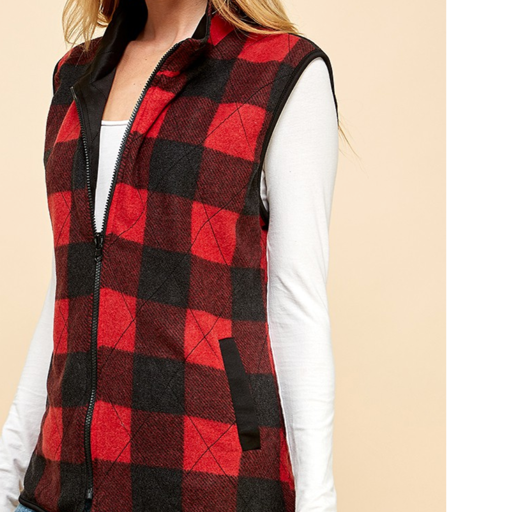 Shopin LA - WOMEN REVERSIBLE PLAID ZIP UP POCKET VEST