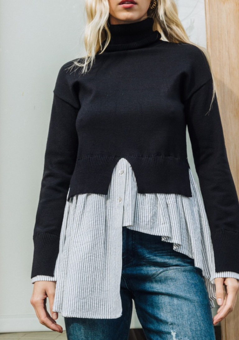 ODDI - Turtleneck Stripe Layered Knit Top