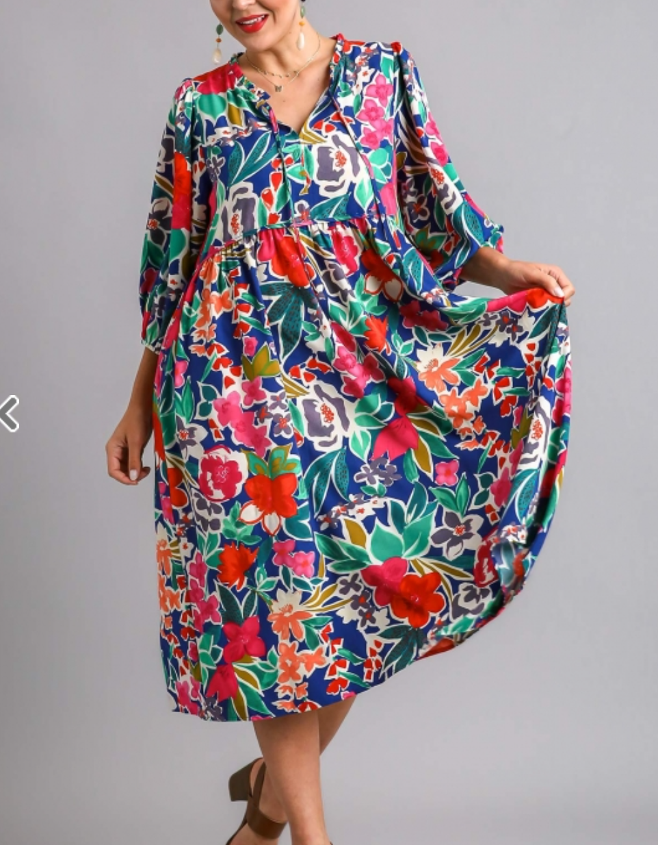 Umgee - Floral Print V- Notch Peasant Dress