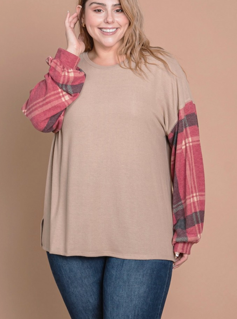 Cotton Bleu - Hacci Brushed Plaid Long Sleeve Top