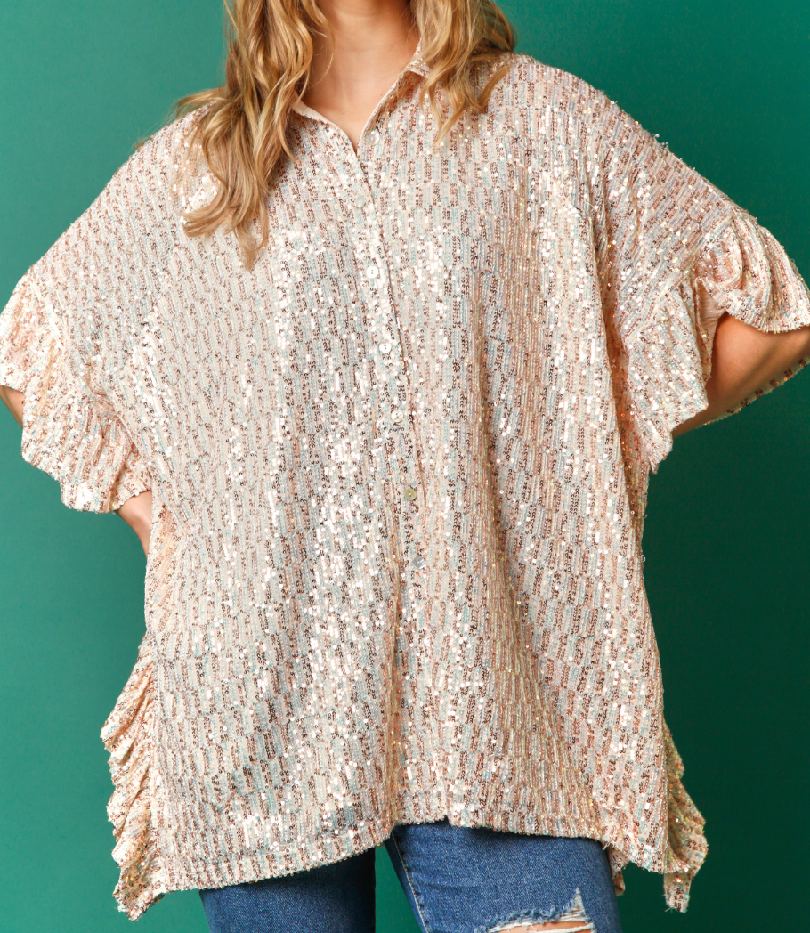 Fantastic Fawn - Sequins Poncho Button Down Top with Side Ruffles