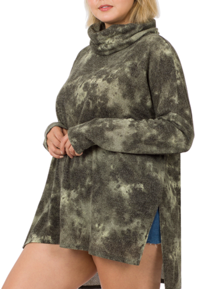 Zenana - JACQUARD FABRIC TIE DYE COWL NECK HI-LOW TOP