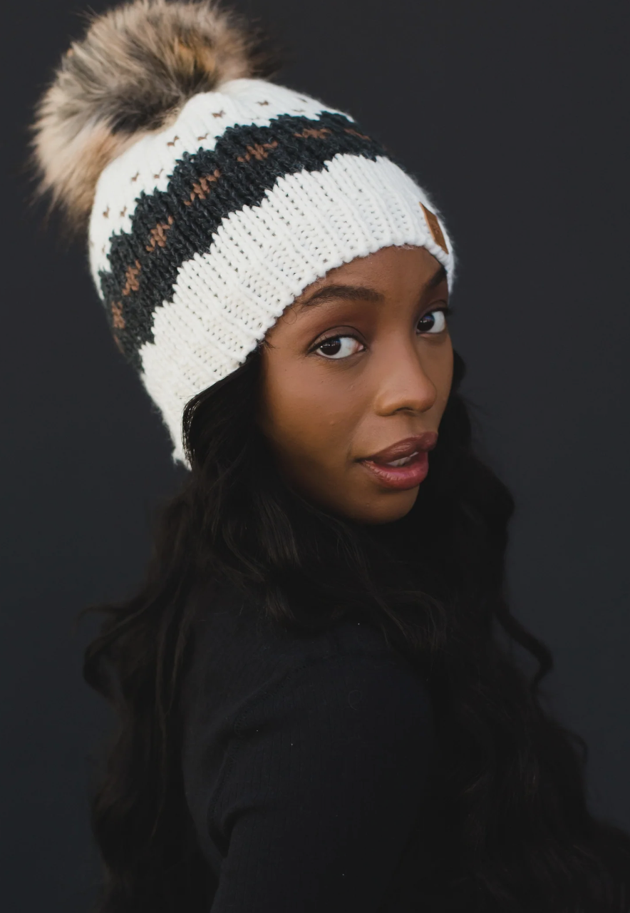 Pom Hat - Cream with Black Design