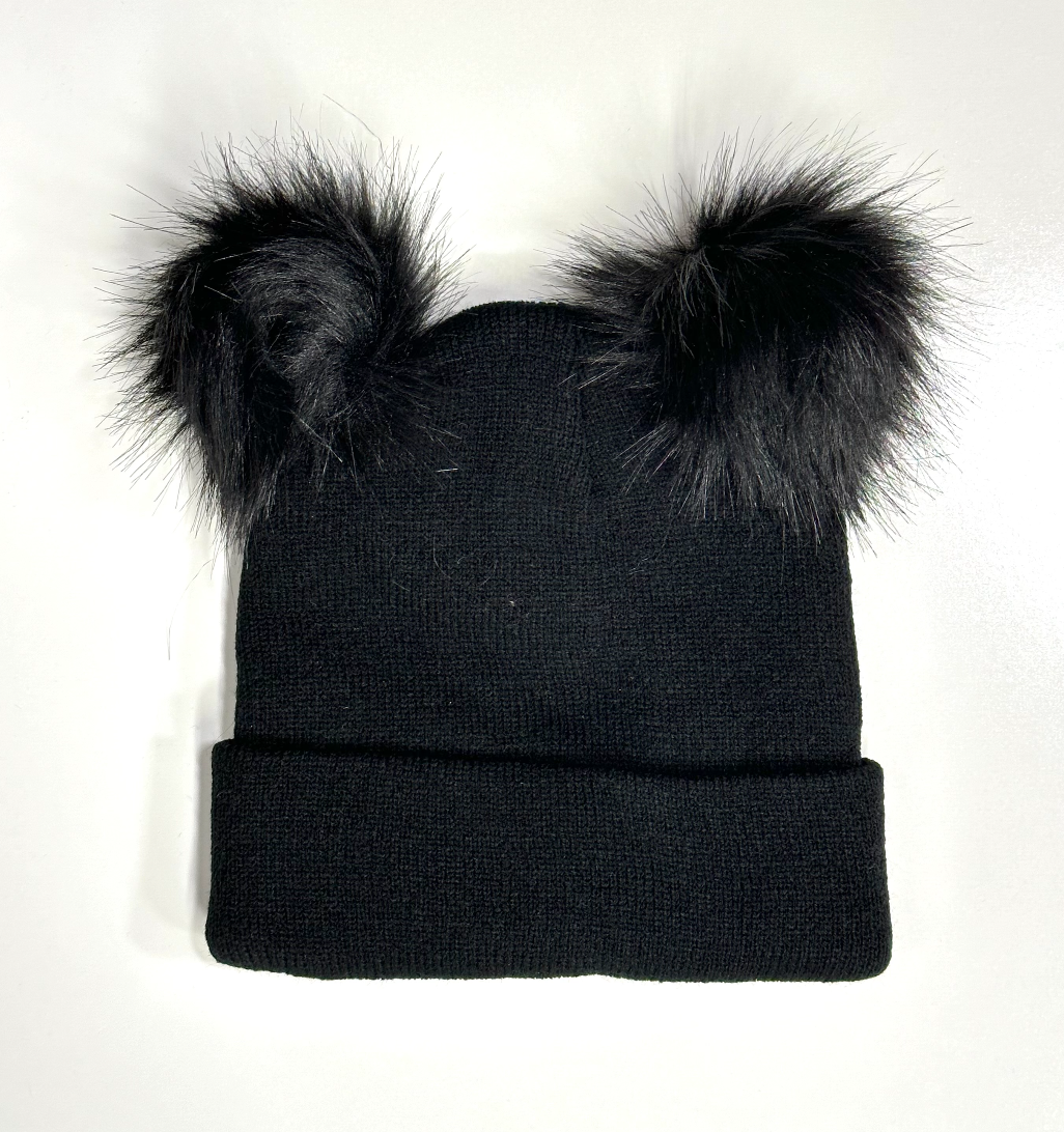 Black Double Pom Knit Hat