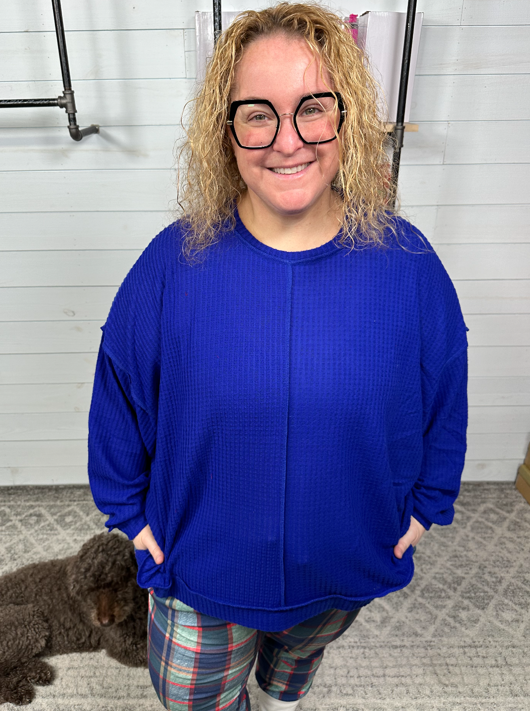 Zenana - Royal Blue Waffle Knit Oversized Scoop Top