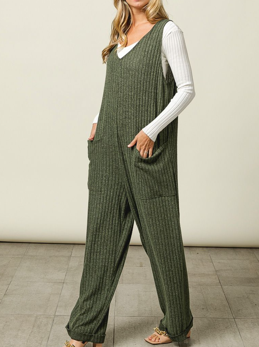 BiBi - MELANGE RIB DOUBLE POCKET TIED OVERALL