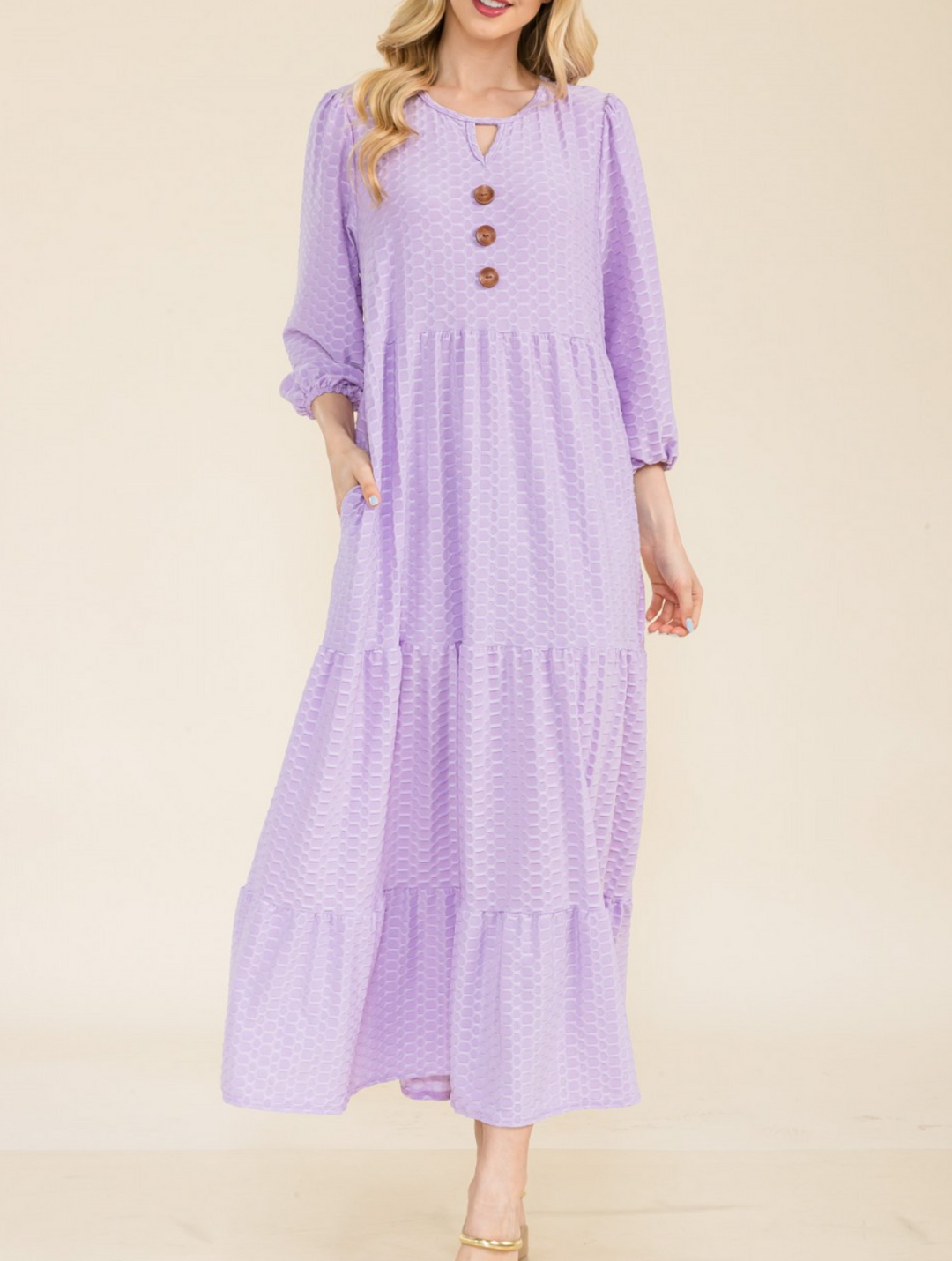 Celeste - HONEY COMB TIERED MIDI DRESS WITH BUTTONS