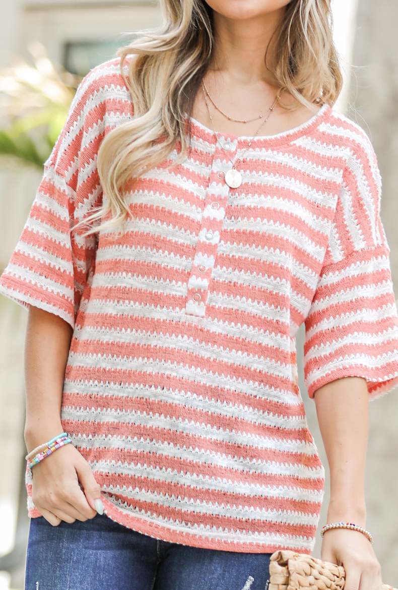 And the Why - Stripe Knit Snap Button Front Casual Top