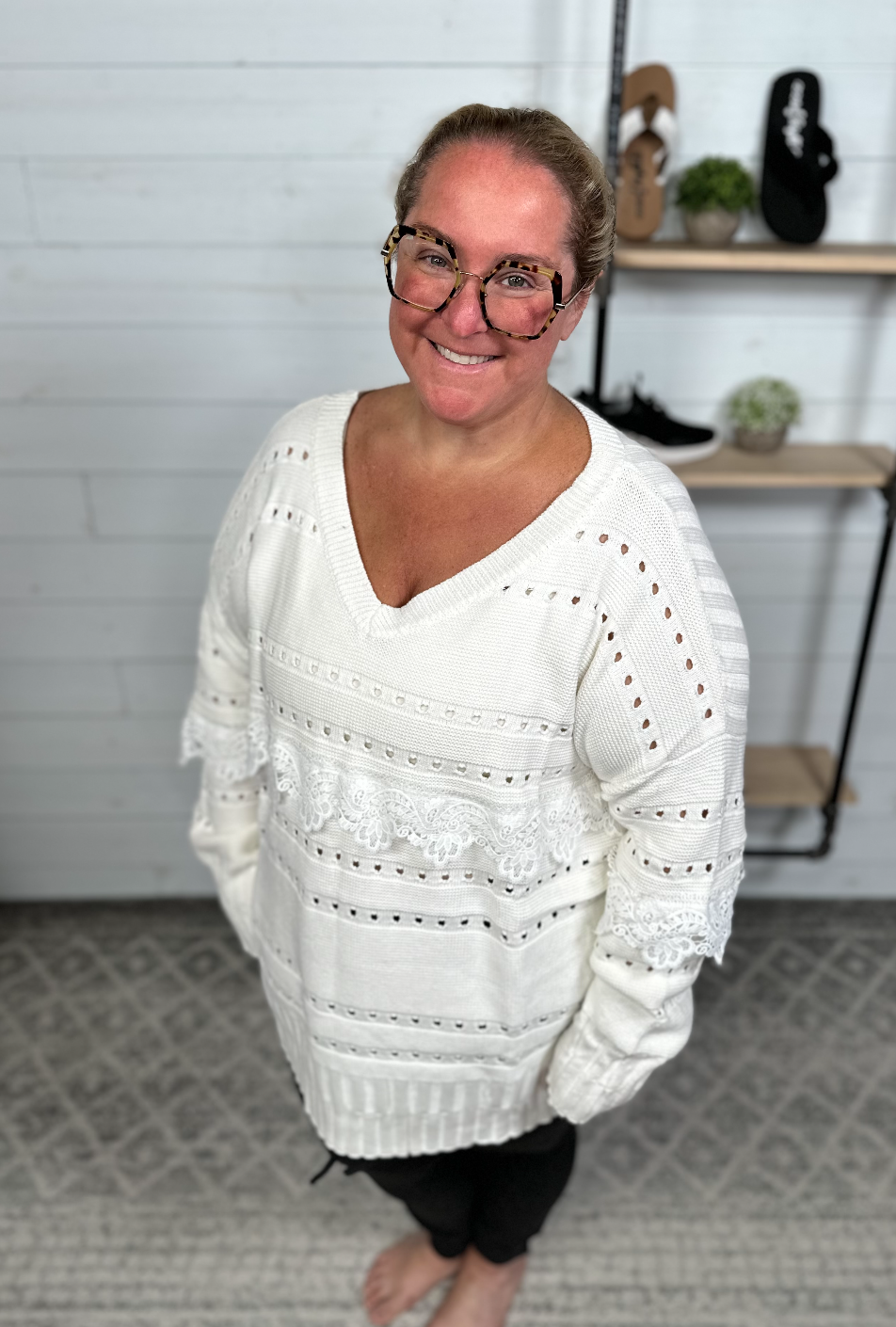 White Birch - Ivory and Lace V Neck Sweater