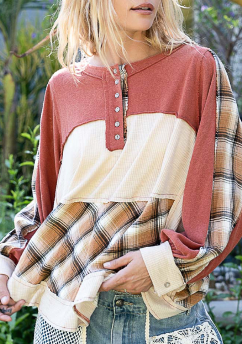 POL - Plaid Color Block Top