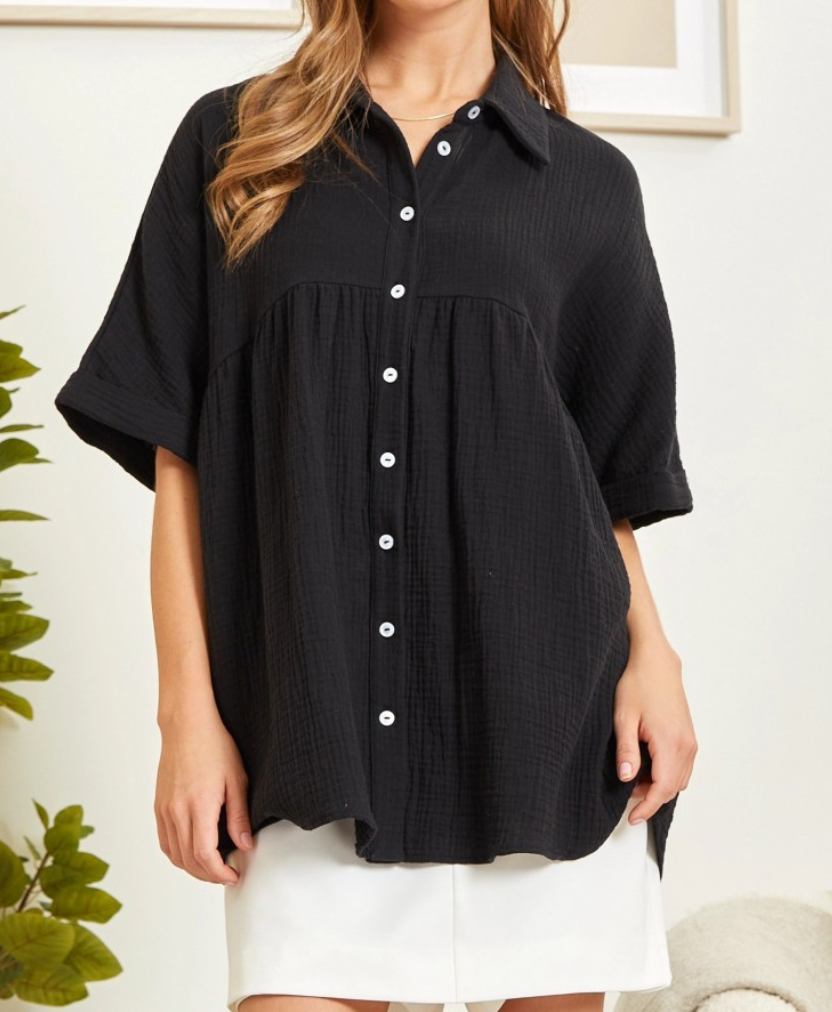 Andree by Unit - Black Button Down Babydoll Top