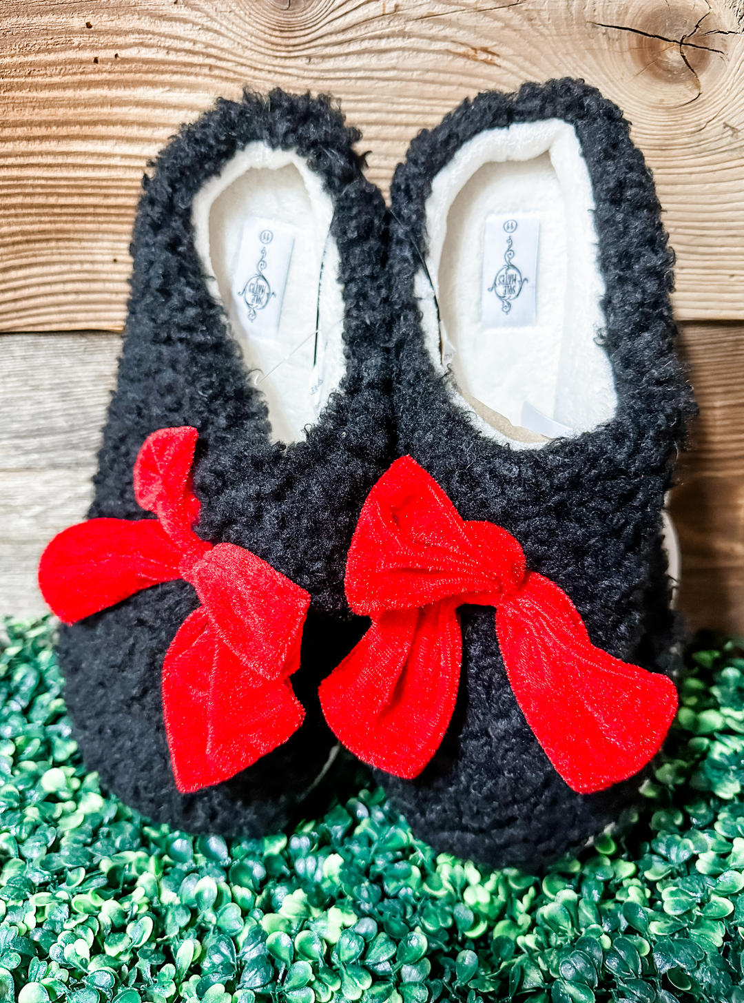 Black Fuzzy Bow Slippers