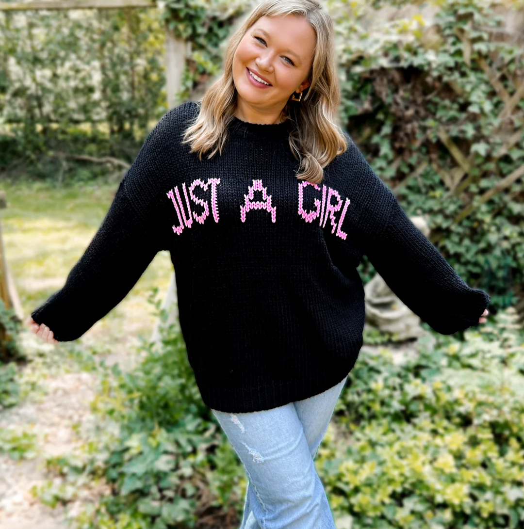 Josie “Just a Girl” Oversized Knit Graphic Sweater