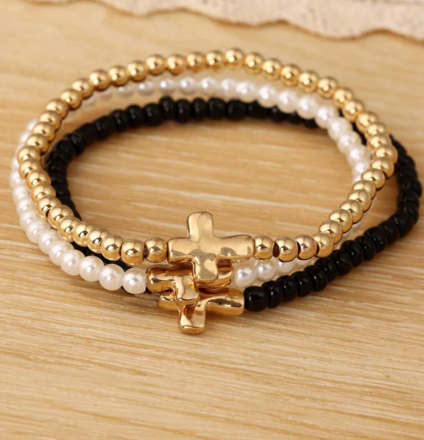 Metallic Cross Stretchy Bracelets Set