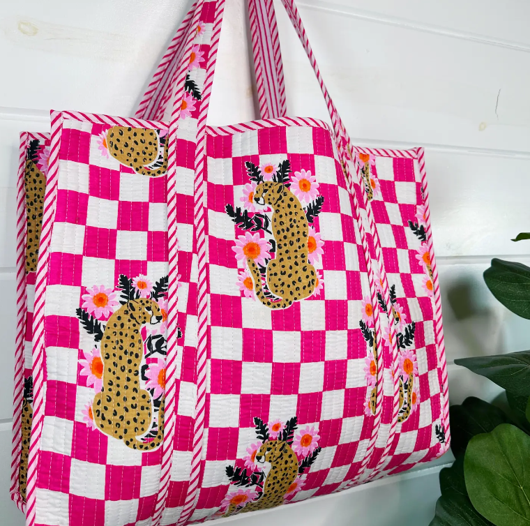 Quilted Tote Bag | Jaguar Print Tote | Large Shopping Tote