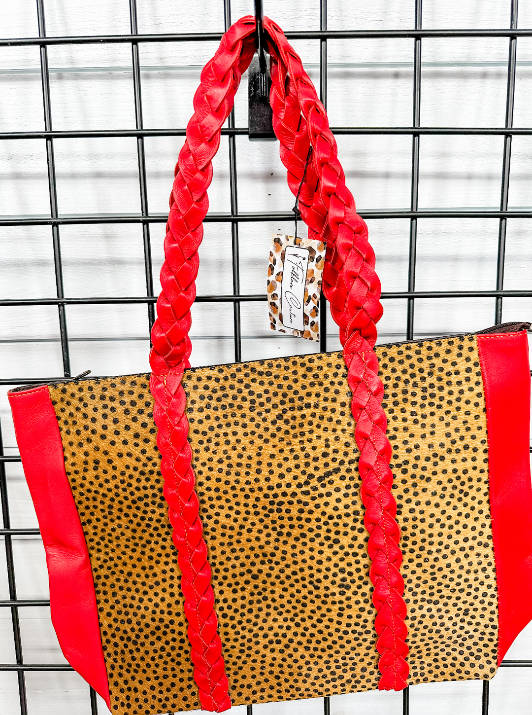 Braided Handle Tote Red Cheetah