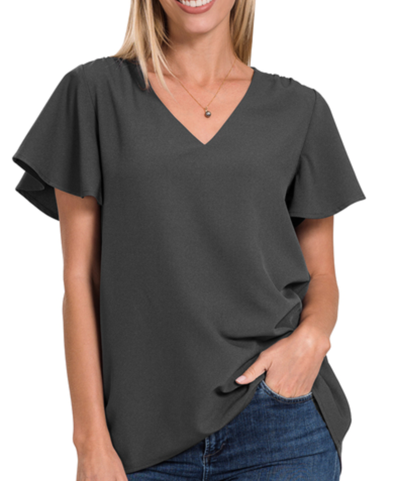 Zenana - V Neck Flutter Sleeve Top