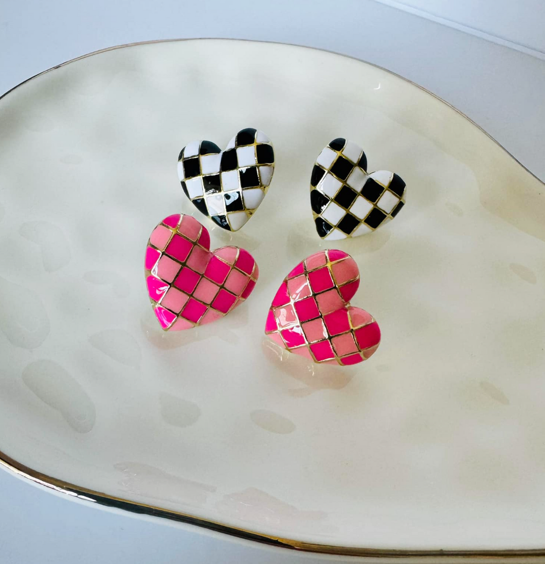 Checkered Heart Enamel Earrings