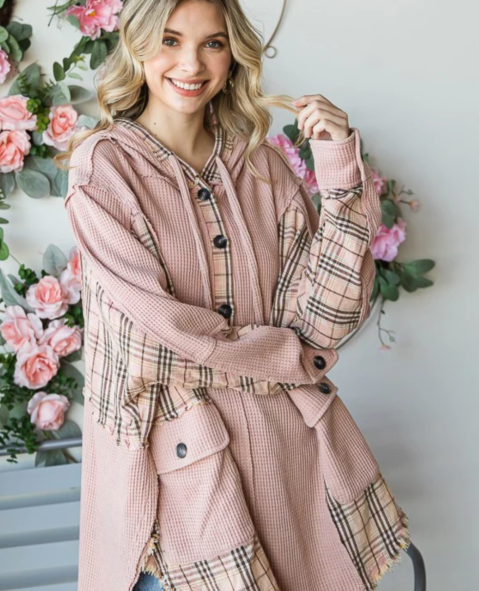 Oli & Hali - FLANNEL CONTRAST HOODED WAFFLE PULLOVER TOP