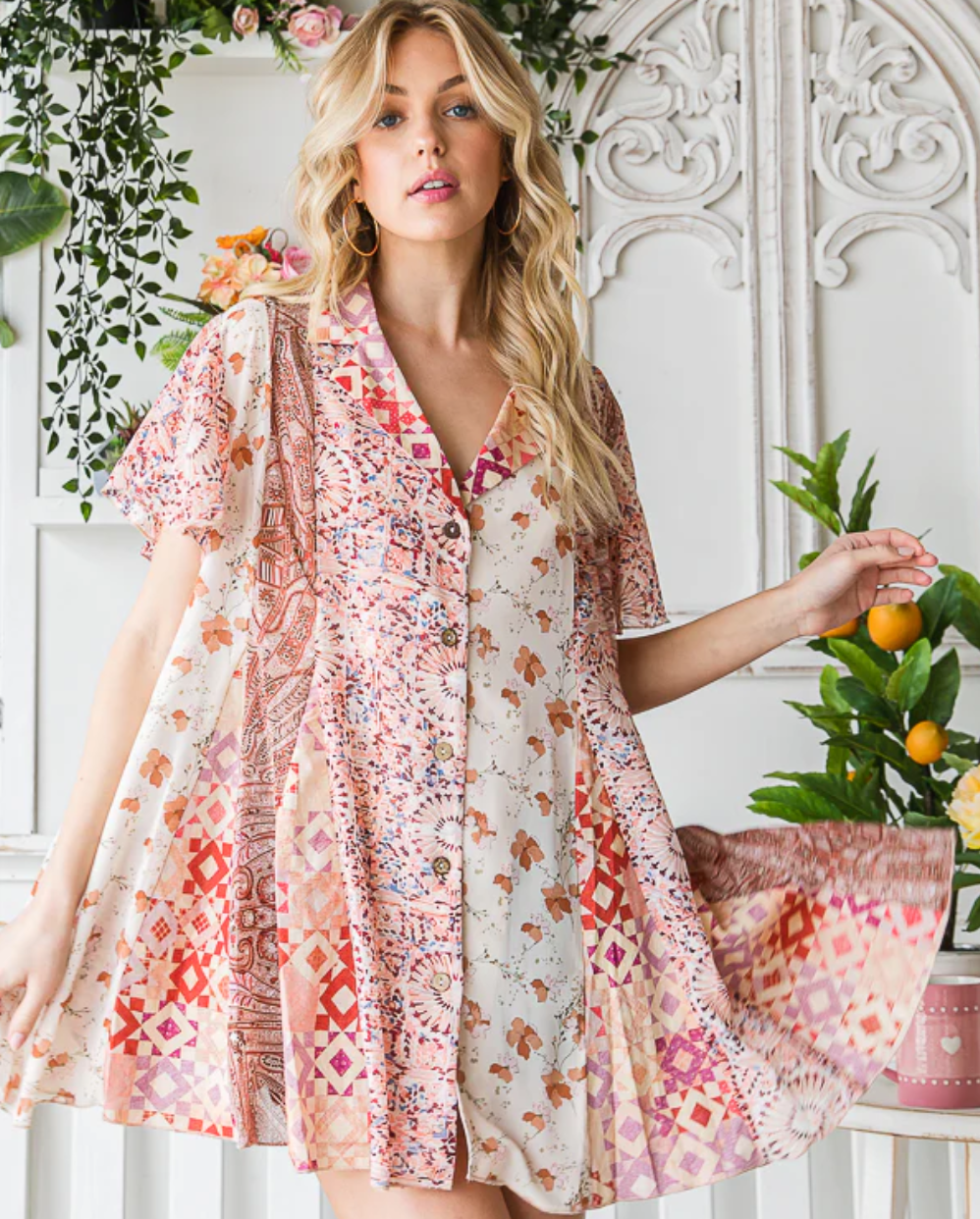 Oli & Hali - PRINTED RUFFLE SLEEVE BUTTON DOWN TUNIC SHIRT