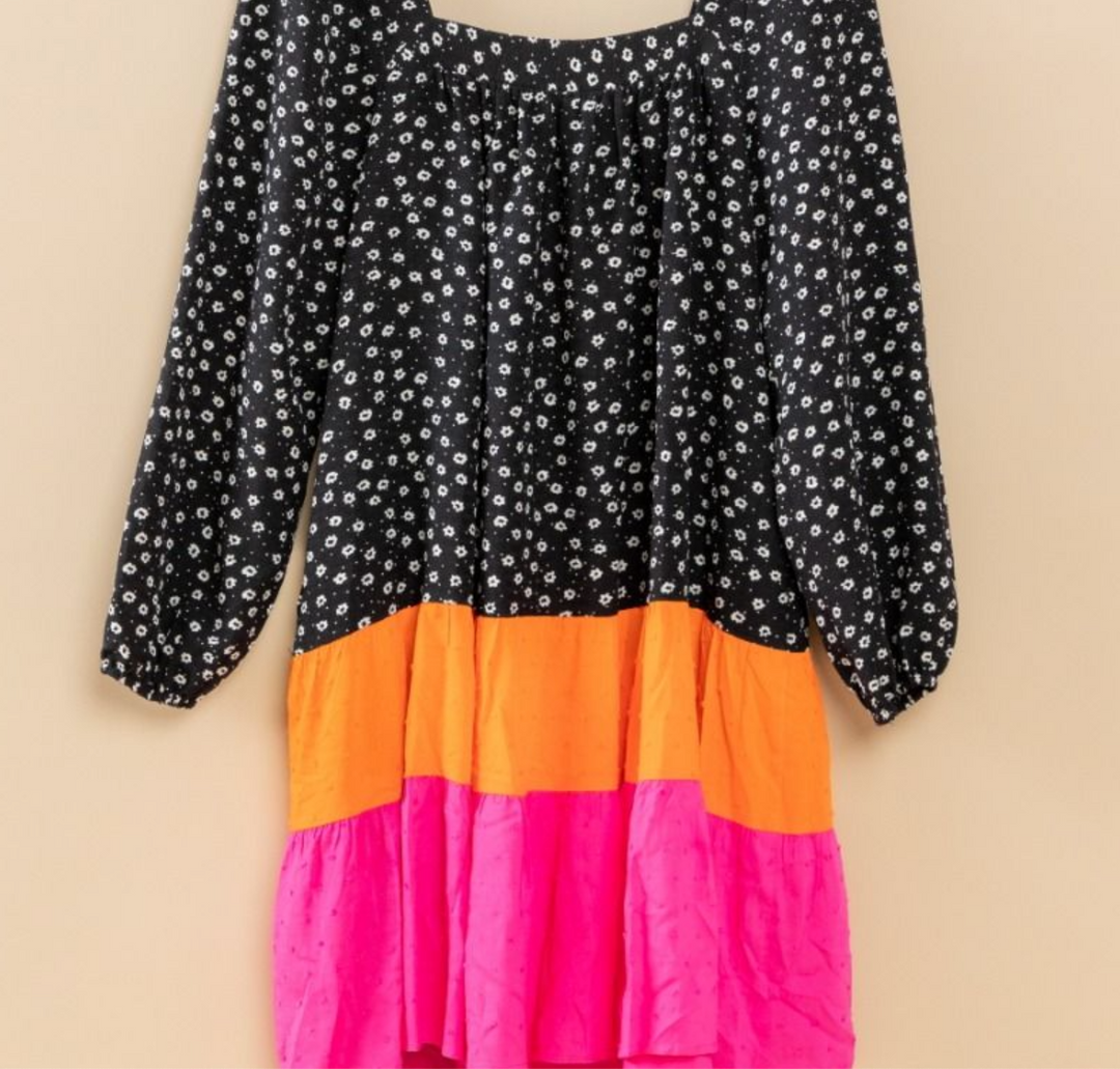 ODDI - Color Block Floral Dress