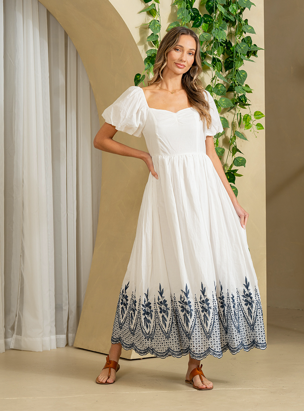 Sew in Love - White with Navy Embroidery Dress