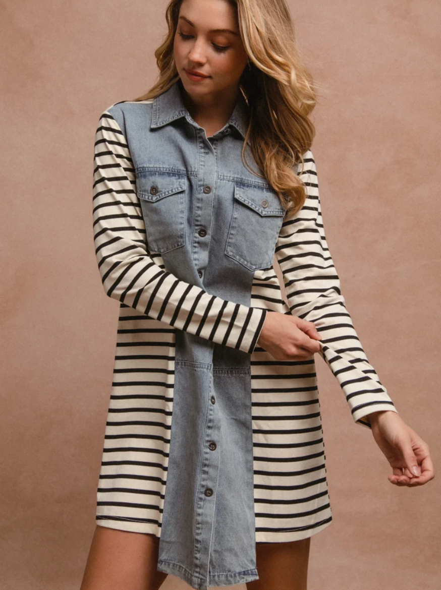 Bibi - STRIPES AND DENIM MIX AND MATCH SHIRT DRESS