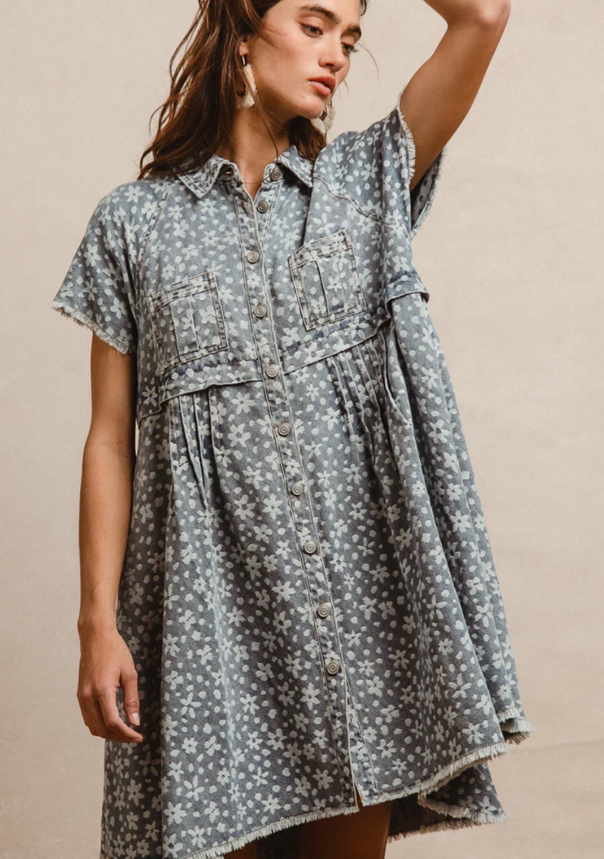 Bibi - WASHED FLORAL DENIM FRAYED SHORT SLEEVE DRESS
