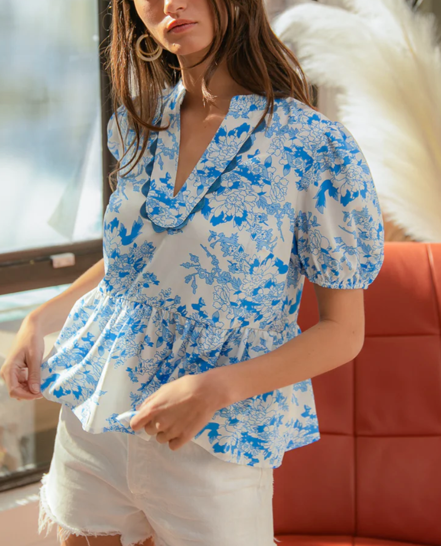 Bibi - FLORAL PRINT WITH WAVE TRIM DETAILS SHORT SLEEVES PEPLUM TOP