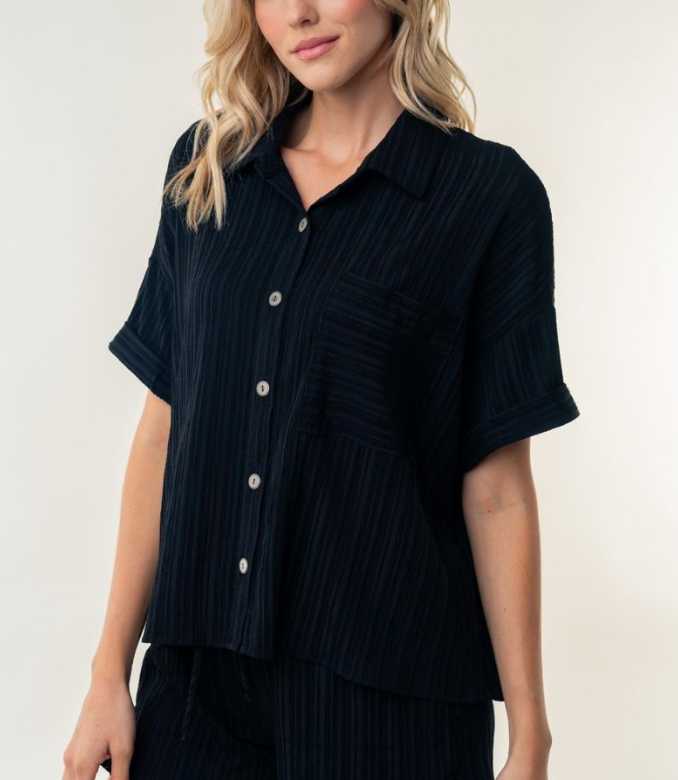 White Birch - Black Short Sleeve Button Down Top