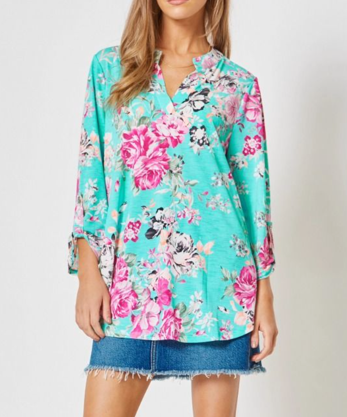 Dear Scarlett - Lizzy Top Aqua & Pink Floral