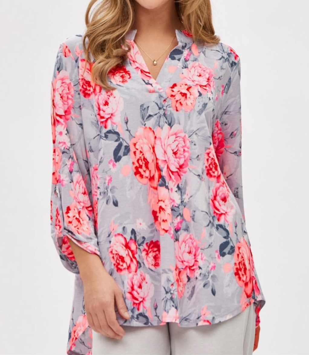 Dear Scarlett - Lizzy Top Grey & Coral Floral