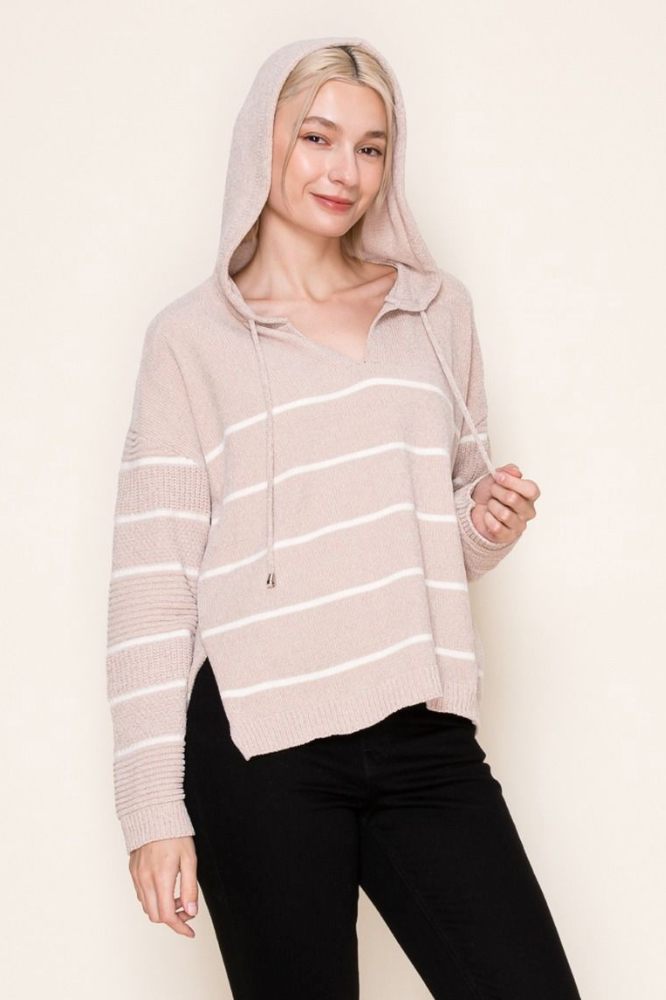 White Birch - Striped Knit Hooded Top – Effortless Comfort with a Cool Edge