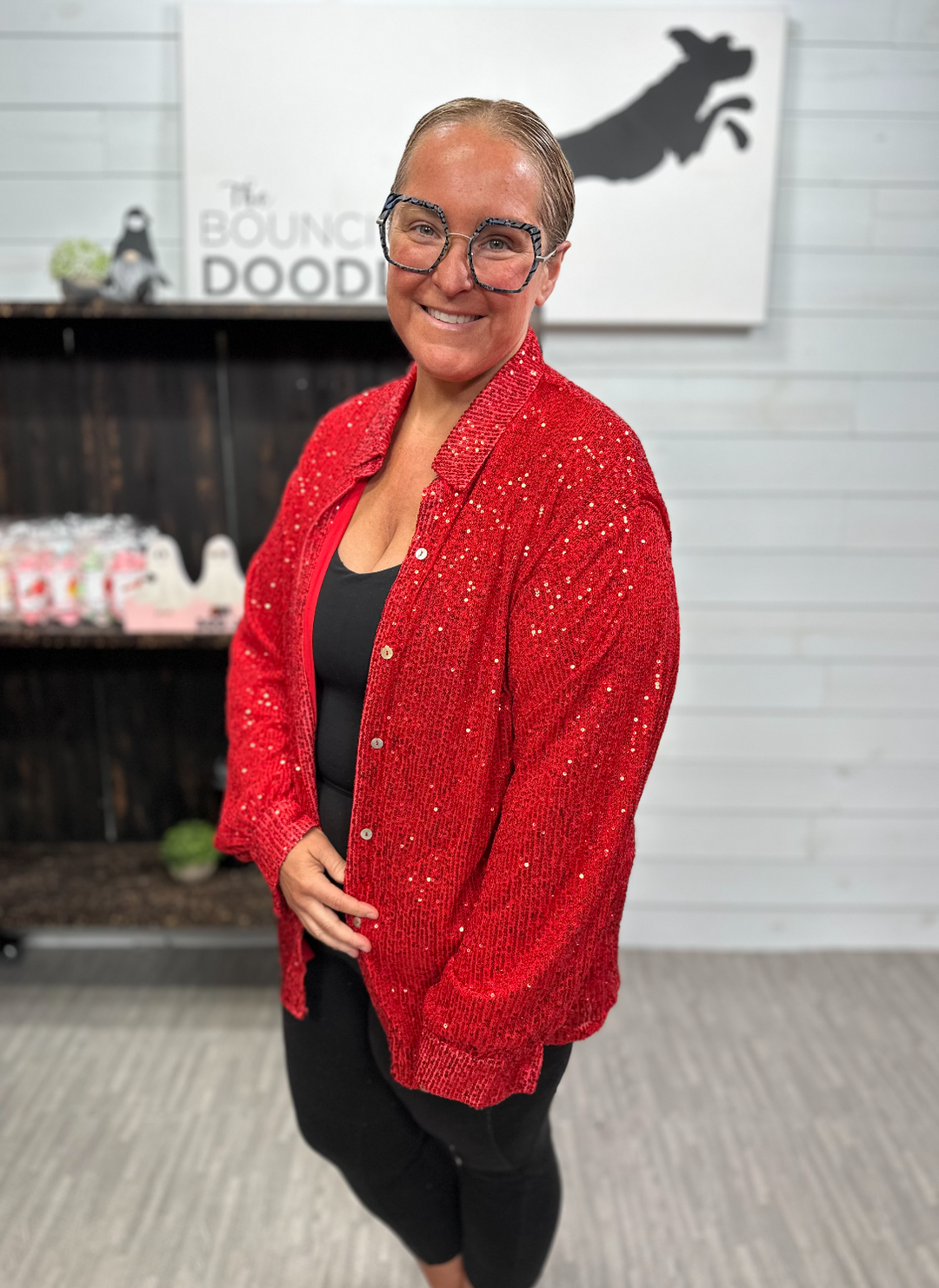 Bibi - Red Sequin Button Down Top
