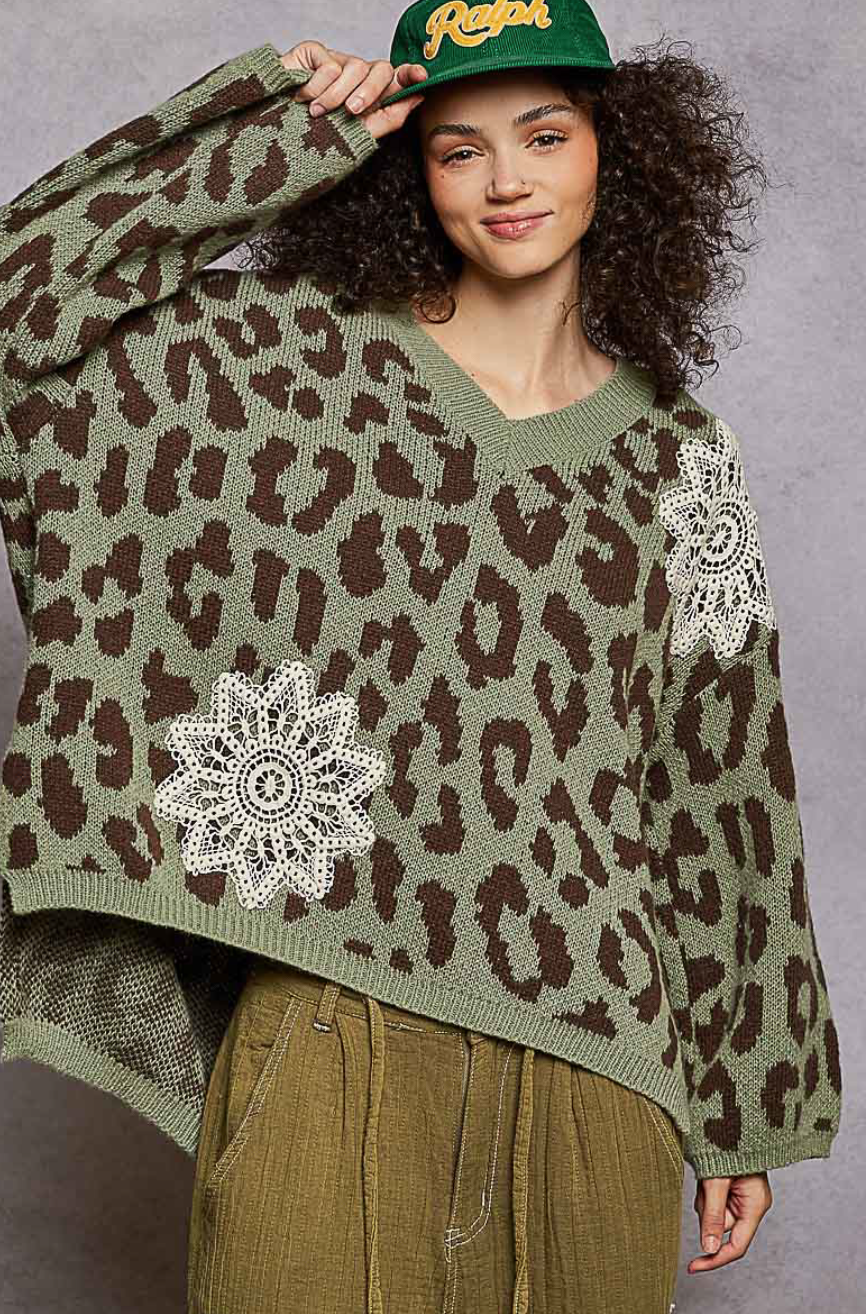 POL - Cheetah V Neck Sweater
