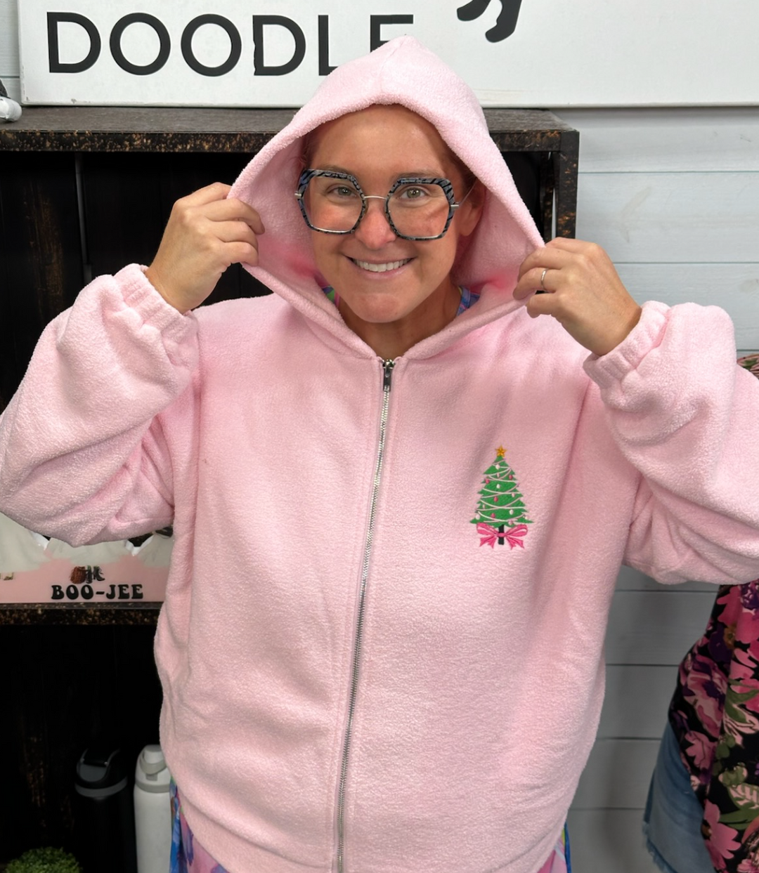 Fantastic Fawn - Embroidered Christmas Tree Pink Hoodie
