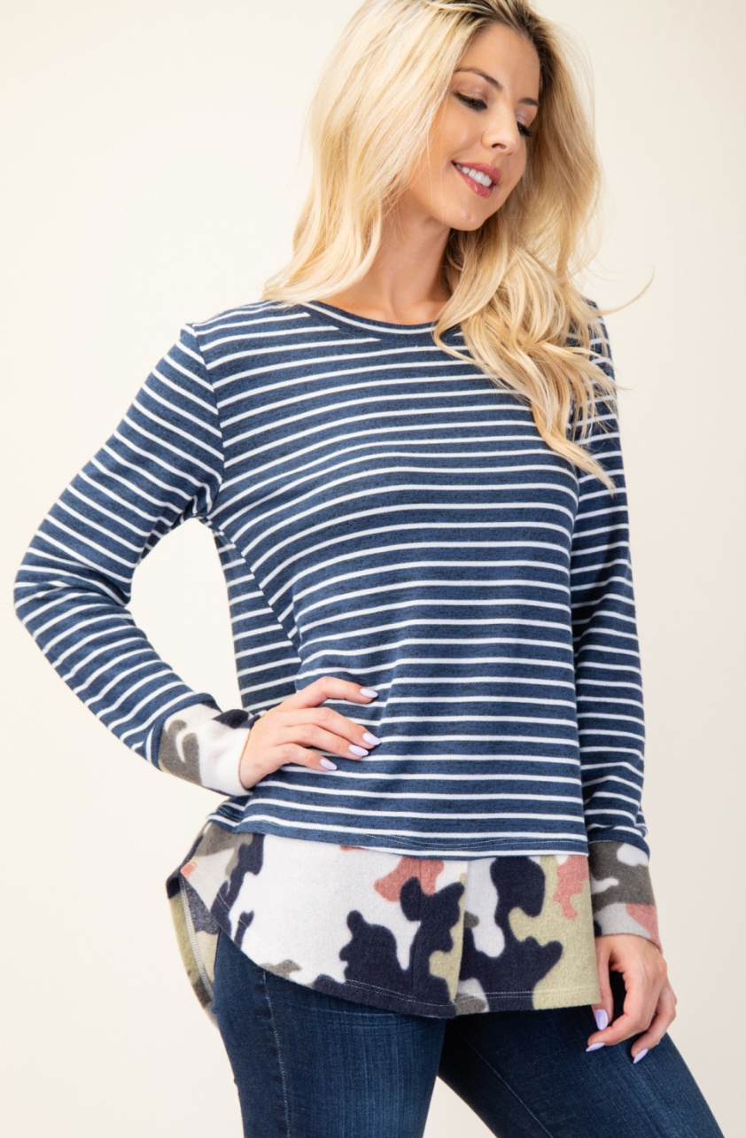 Celeste - Navy Stripe with Camo Bottom Top