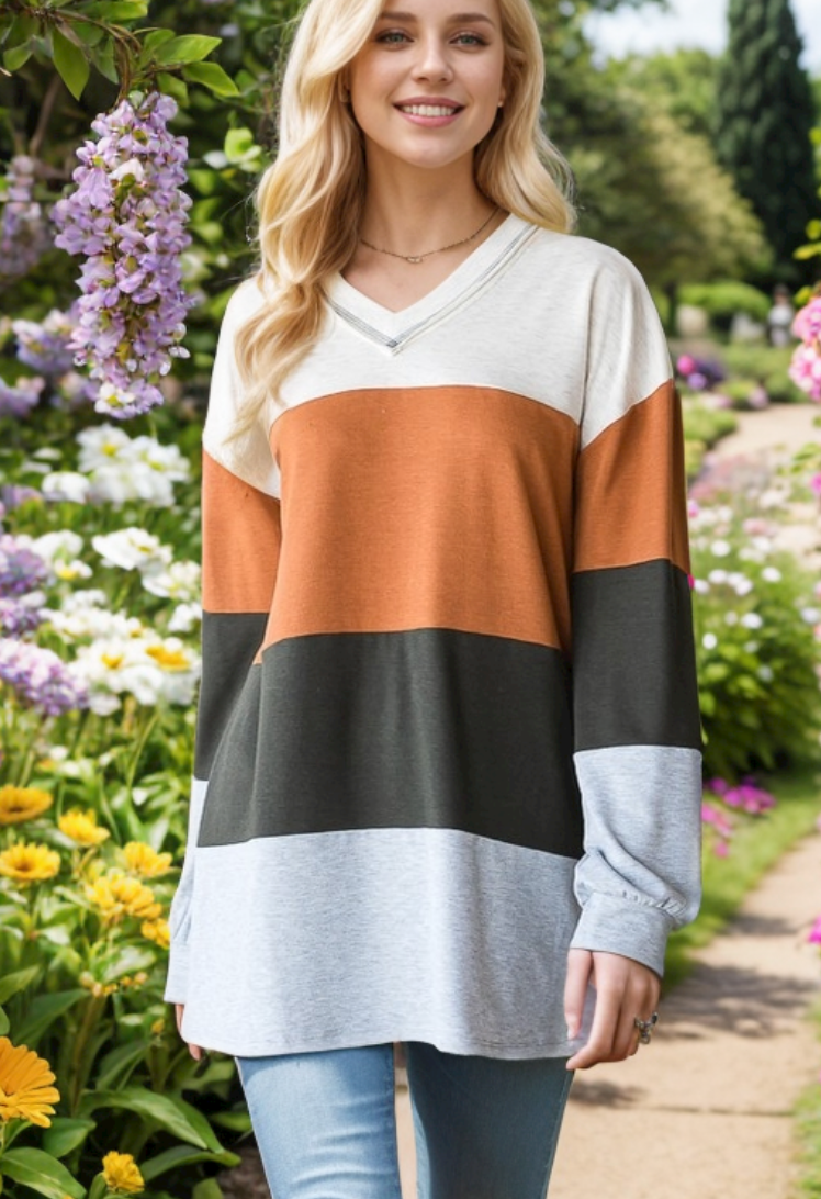 Heimish - Color Block V Neck Top