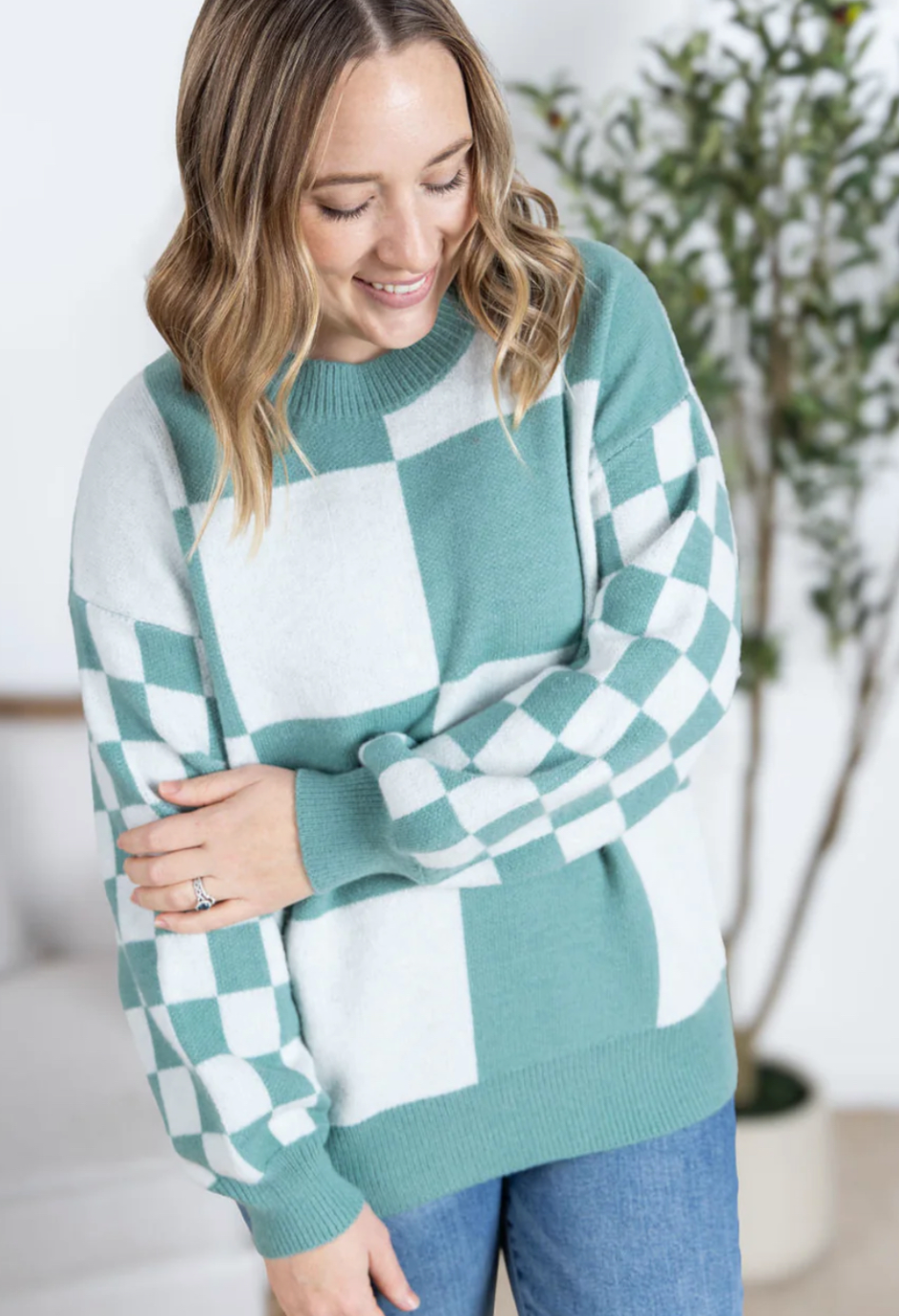 Michelle Mae - Checkered Pullover Sweater - Dusty Jade