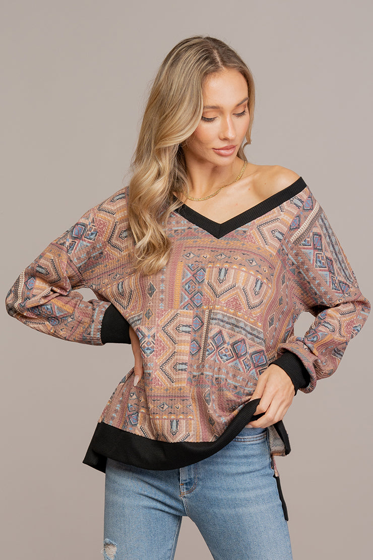 Sew in Love - Aztec Print V Neck Sweater