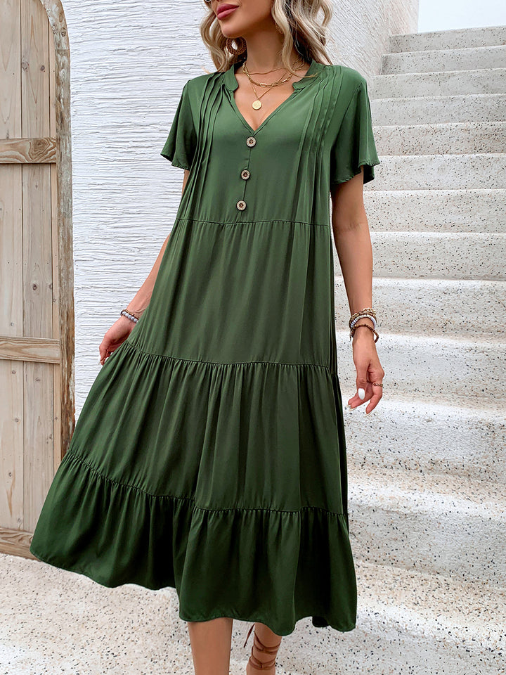 Bouncing Doodle Tiered Notched Short Sleeve Midi Dress